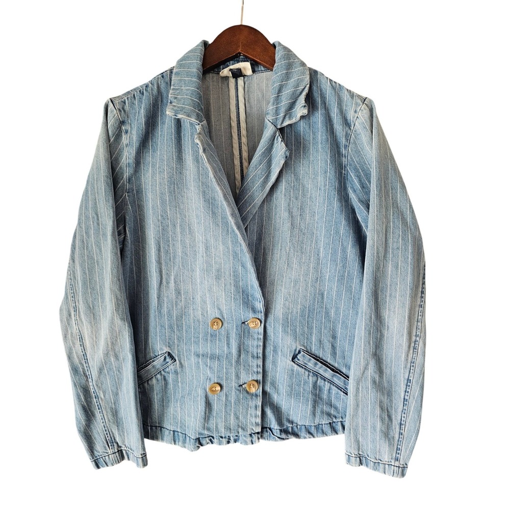 Universal‎ Thread Womens Blue Pinstripe Denim Double Breasted Blazer Jacket L